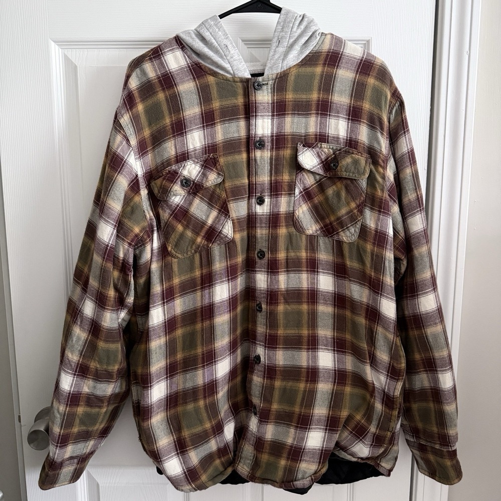 Wrangler Authentics Mens Hooded Flannel Plaid Jacket Shacket Size L Quilt Lined
